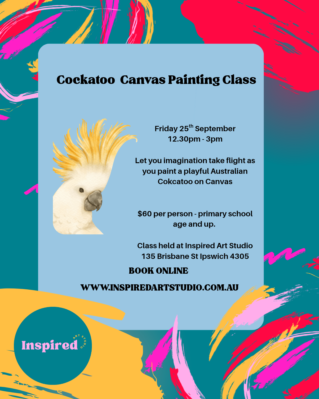 Cockatoo Canvas Painting Class- Fri 25th Sep 12:30pm to 3pm