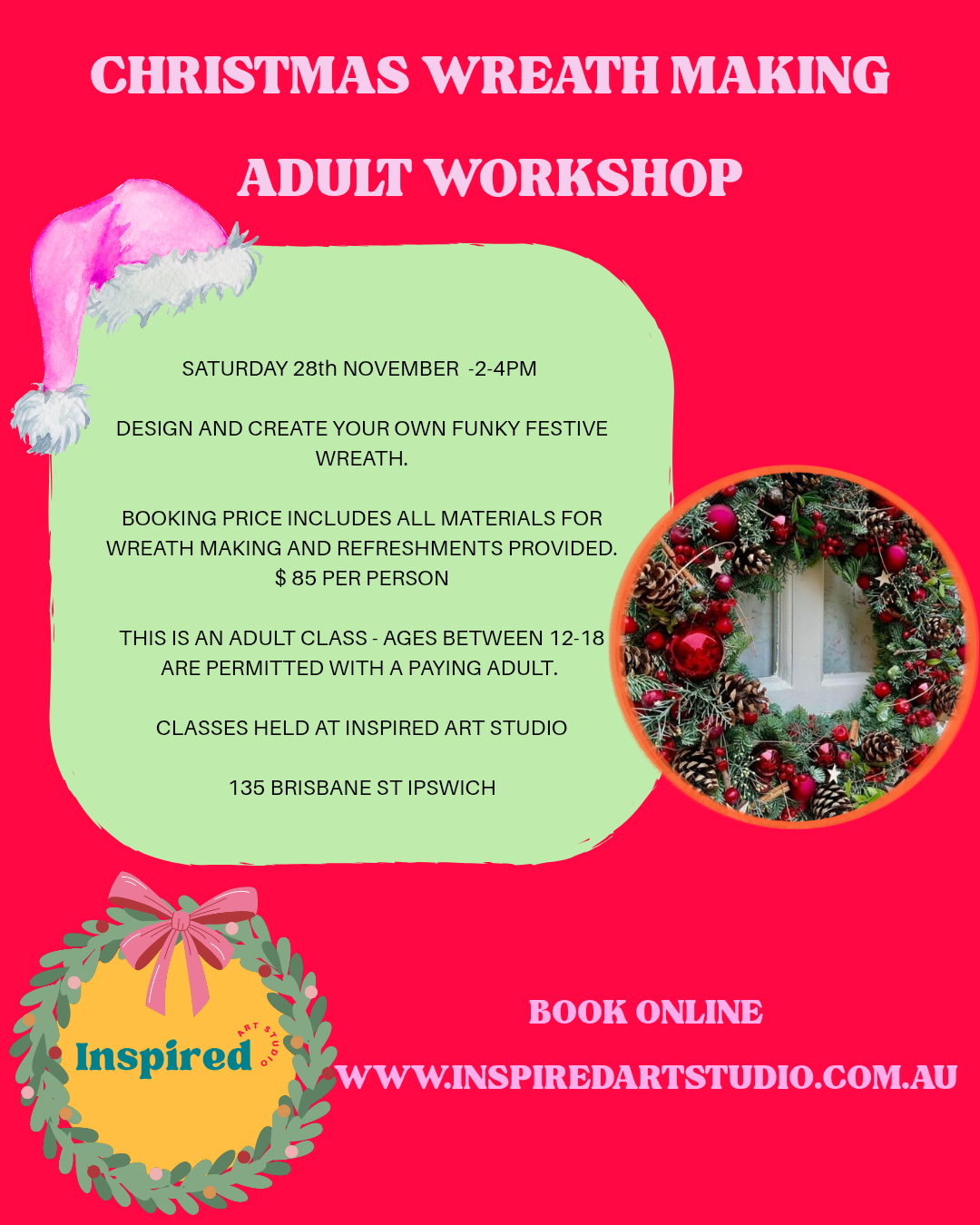 CHRISTMAS WREATH ADULT WORKSHOP- Sat 28th November 2pm to 4pm