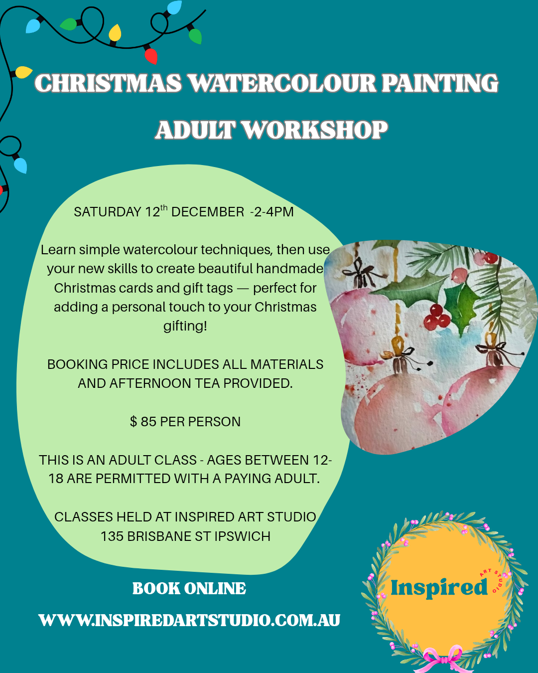 CHRISTMAS WATERCOLOUR WORKSHOP- Sat 12th December 2-4pm