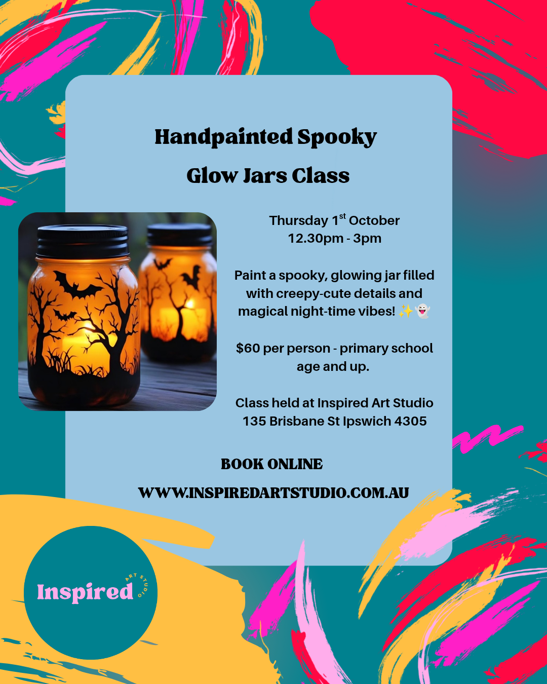 Hand Painted Spooky Glow Jars Class- Thurs 1st Oct 12:30pm to 3pm