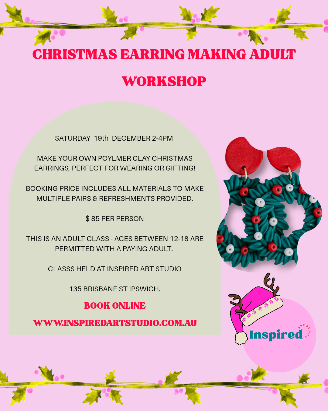 CHRISTMAS EARRING WORKSHOP- Saturday 19th December 2pm to 4pm