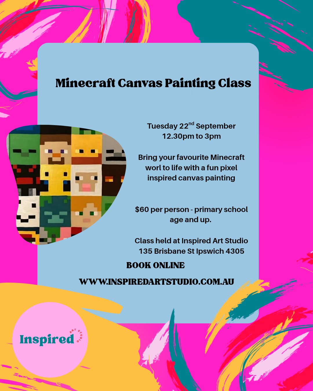 Minecraft Inspired Canvas Painting Class- Tues 22nd Sep 12:30pm to 3pm